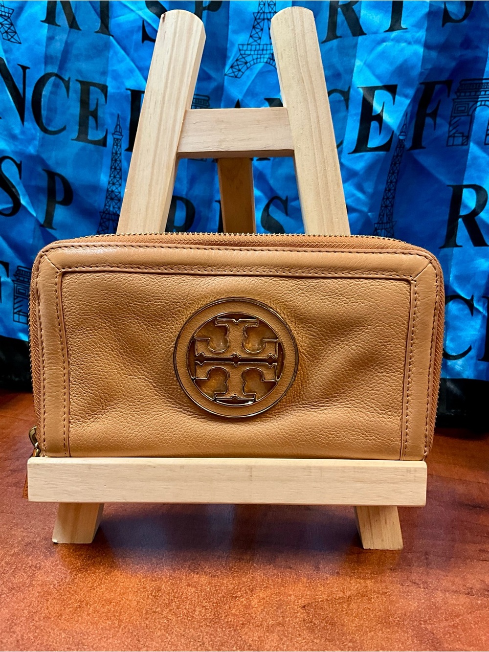 Tory Burch Caramel Leather Zip-Around Wallet with Logo Medallion